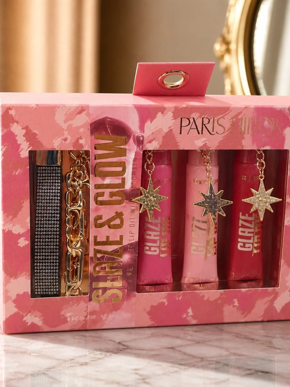 Paris Hilton Glaze & Glow 5 Pc Lip Oil Set with Rhinestone Keychain NWT